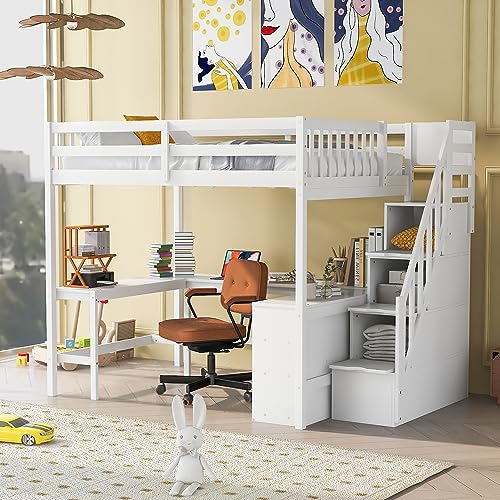 Full Size Loft Bed with Desk & Wardrobe, Solid Wood Kids Loft Bedframe w/3 Storage Drawers & 2 Shelves, Maximum Space Design, for Bedroom, Dorm, Gray