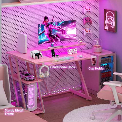 55 Inch Gaming Desk with Power Outlet & LED Lights, L Shaped Gamer Computer Table with Storage Shelves for Bedroom, Corner Home Office Desk