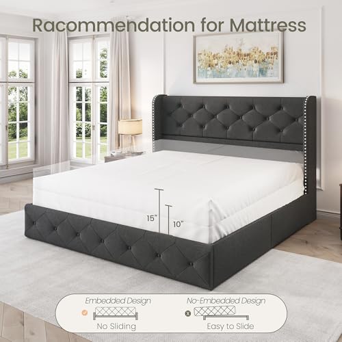 King Size Bed Frame with 4 Storage Drawers and Tufted Headboard Linen Upholstered Platform Bed Frame Wingback Beds with Wooden Slats Support
