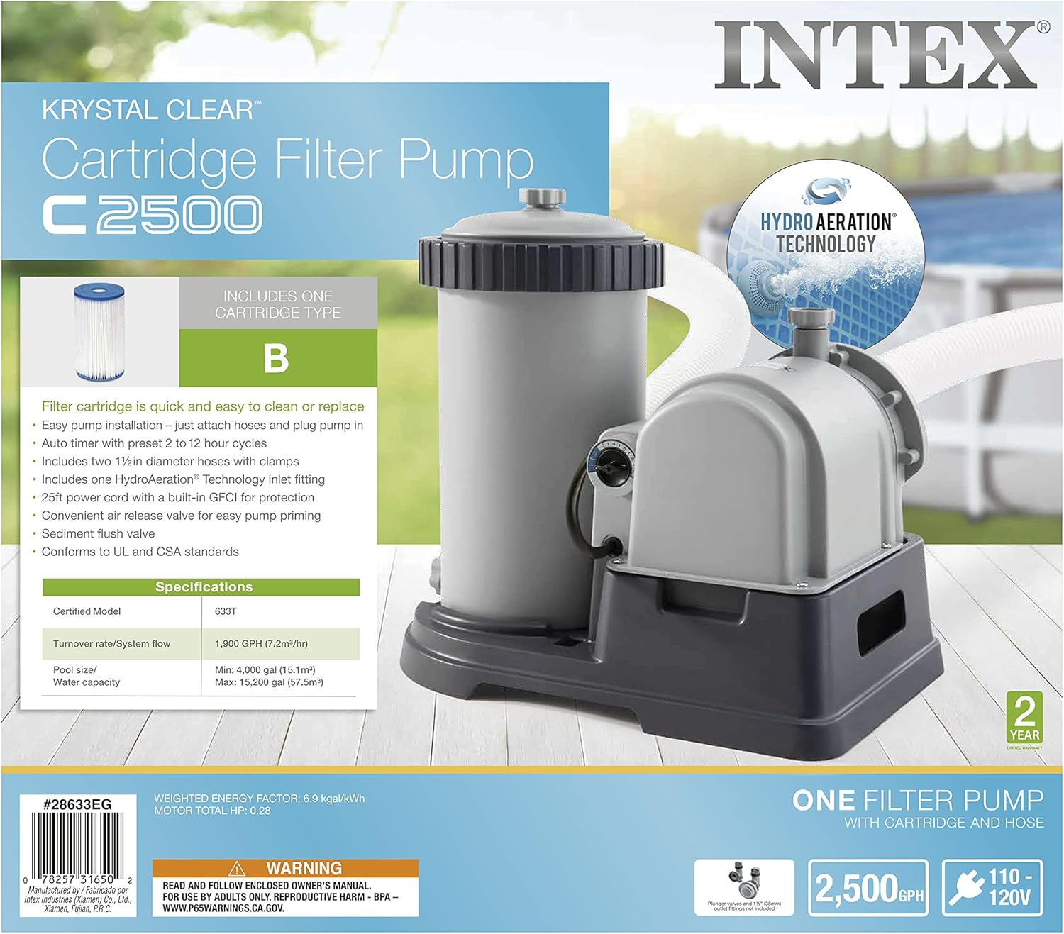 INTEX 28633EG C2500 Krystal Clear Cartridge Filter Pump for Above Ground Pools, 2500 GPH Pump Flow Rate