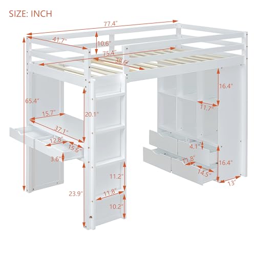 Full Size Loft Bed with Desk & Wardrobe, Solid Wood Kids Loft Bedframe w/3 Storage Drawers & 2 Shelves, Maximum Space Design, for Bedroom, Dorm, Gray