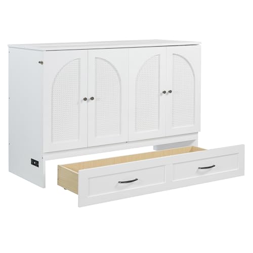 Harper & Bright Designs Queen Size Murphy Bed Cabinet Wall Bed Chest with USB, Charging Station and Large Storage Drawer for Home Office (White)