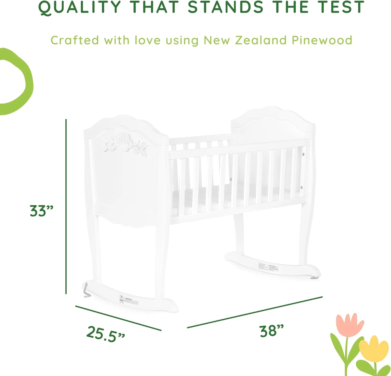 Rose Cradle in White, with 1" Mattress Pad, Easy to Assemble, JPMA Certified, New Zealand Pinewood Cradle, Stationary and Rocking Cradle