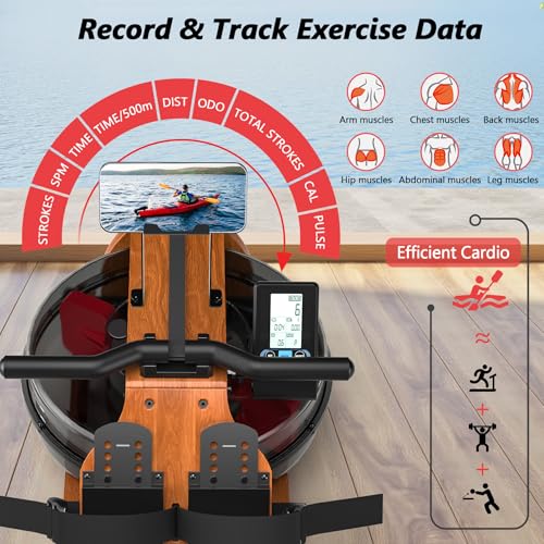 Water Rowing Machine for Home Use, WENOKER Wooden Foldable Rower Machine with Adjustable Monitor & Bluetooth APP