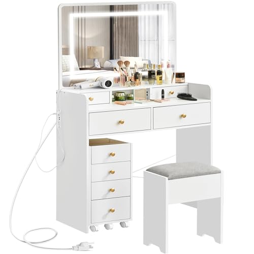 Vanity Desk with Mirror and Lights, Makeup Vanity Table with Drawers, Storage Stool