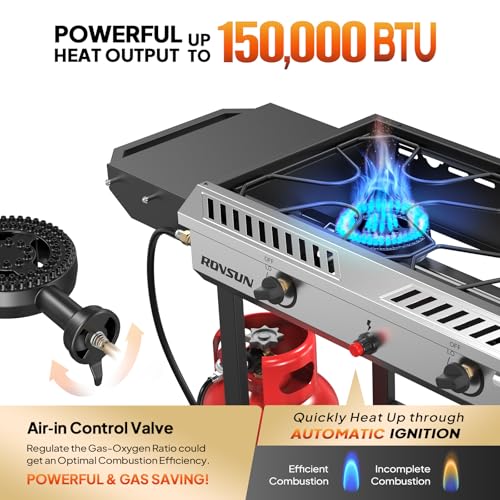 ROVSUN 2 Burner Outdoor Propane Gas Stove with Auto-ignition, Regulator & Shelf, 150