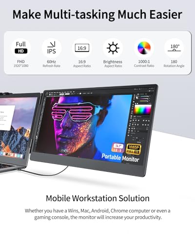 Macsecor 14.1'' Laptop Screen Extender, 1080P FHD Portable Monitor for Laptop USB C HDMI, Plug-Play Laptop Monitor Extender for 13'' -17.3'' Laptops