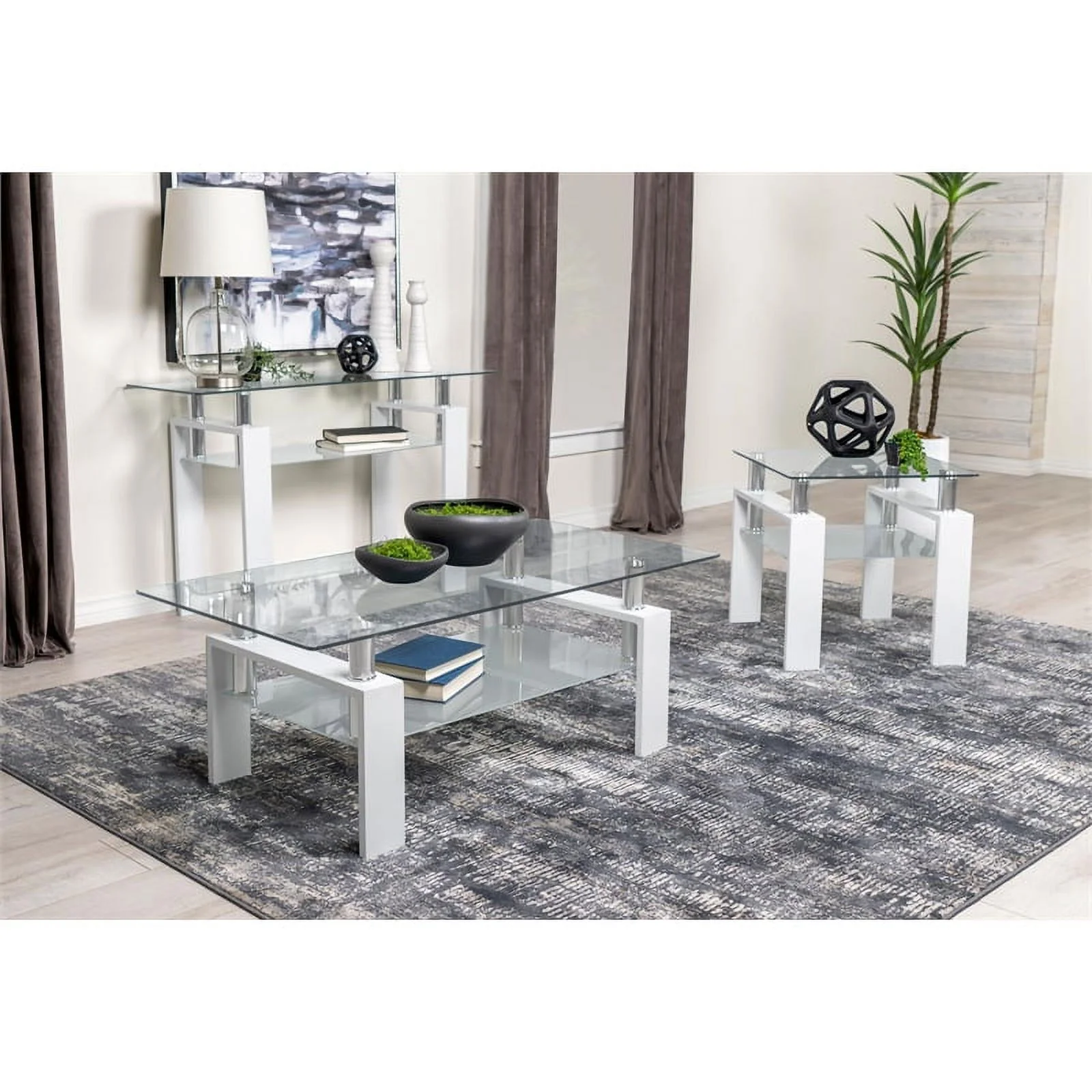 Pemberly Row Metal Rectangular Glass Top Sofa Table With Shelf White