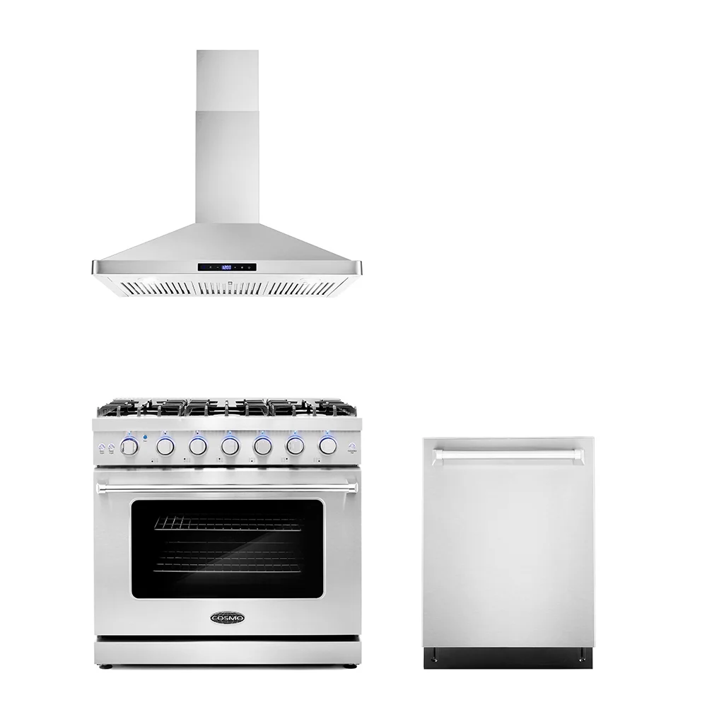 Cosmo 3 Piece Kitchen Appliance Packages with 36" Freestanding Gas Range Kitchen Stove 36" Wall Mount Range Hood & 24" Built-in Fully Integrated