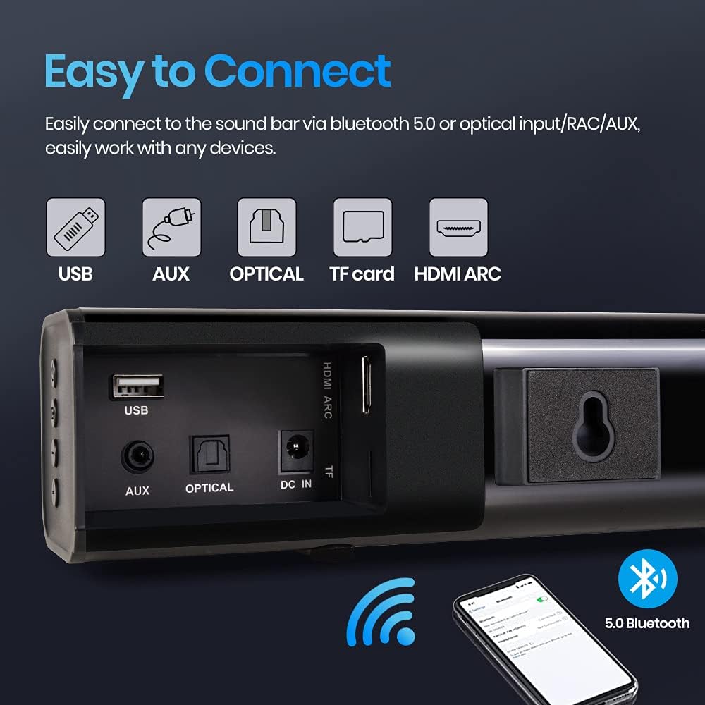 dyplay Soundbar, 20-inch 100W Sound Bar for TV, 2.0 Channel, 3 Equalizer Mode Audio Bluetooth 5.0, HDMI/Optical/AUX/TF/USB Connection