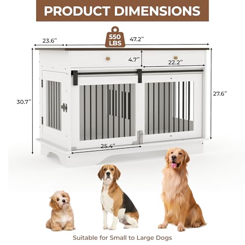 Dog Furniture Crate, 47" Large Dog Crate Furniture w/ 2 Storage Draws & Removable Divider for Large/Medium/Small Dogs (Grey, One Cage)
