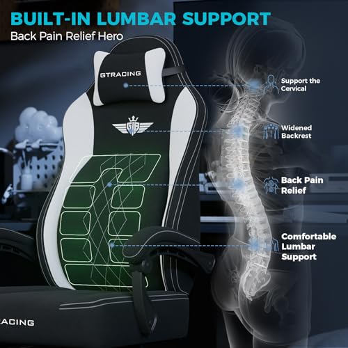 GTPLAYER Big and Tall Gaming Chair Breathable Fabric Computer Chair with Strong Lumbar Support, Comfortable Office Chairs with Pocket Spring Cushion