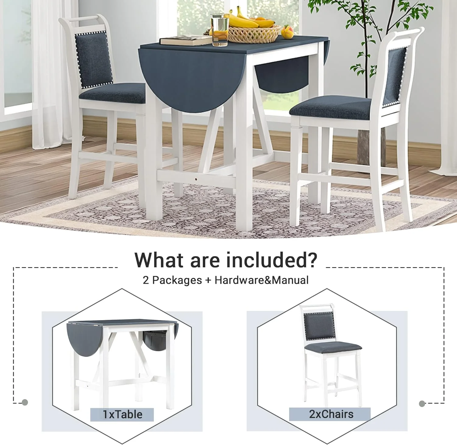3 Piece Counter Height Kitchen Dining Set With Drop Leaf Dining Table And 2 Dining Padded Chairs, Dining Room Set For Small Places, White