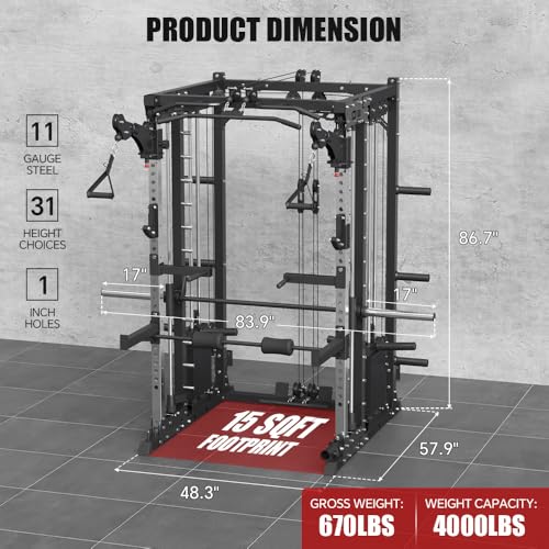 FAGUS Commercial Smithe Machine with 308lb Dual Weight Stacks, 4000LBS Power Cage Squat Rack with Lever Arm & Leg Press