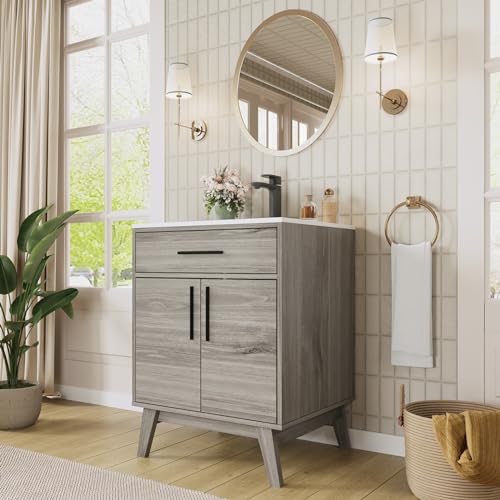AMERLIFE 24.5" Bathroom Vanity with Sink Combo, Mid-Century Modern Small Single Bathroom Cabinet Set, Integrated Sink