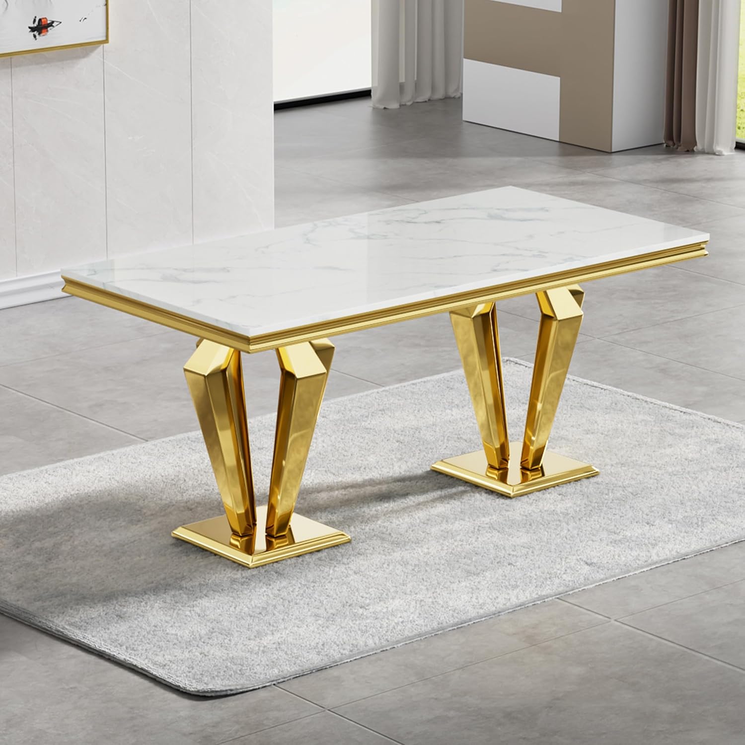 Modern Dining Room Table Set for 4, Marble Dining Table Set for 4, 70" White Gold Marble Dining Table with Oval Backrest Black Leather Chairs