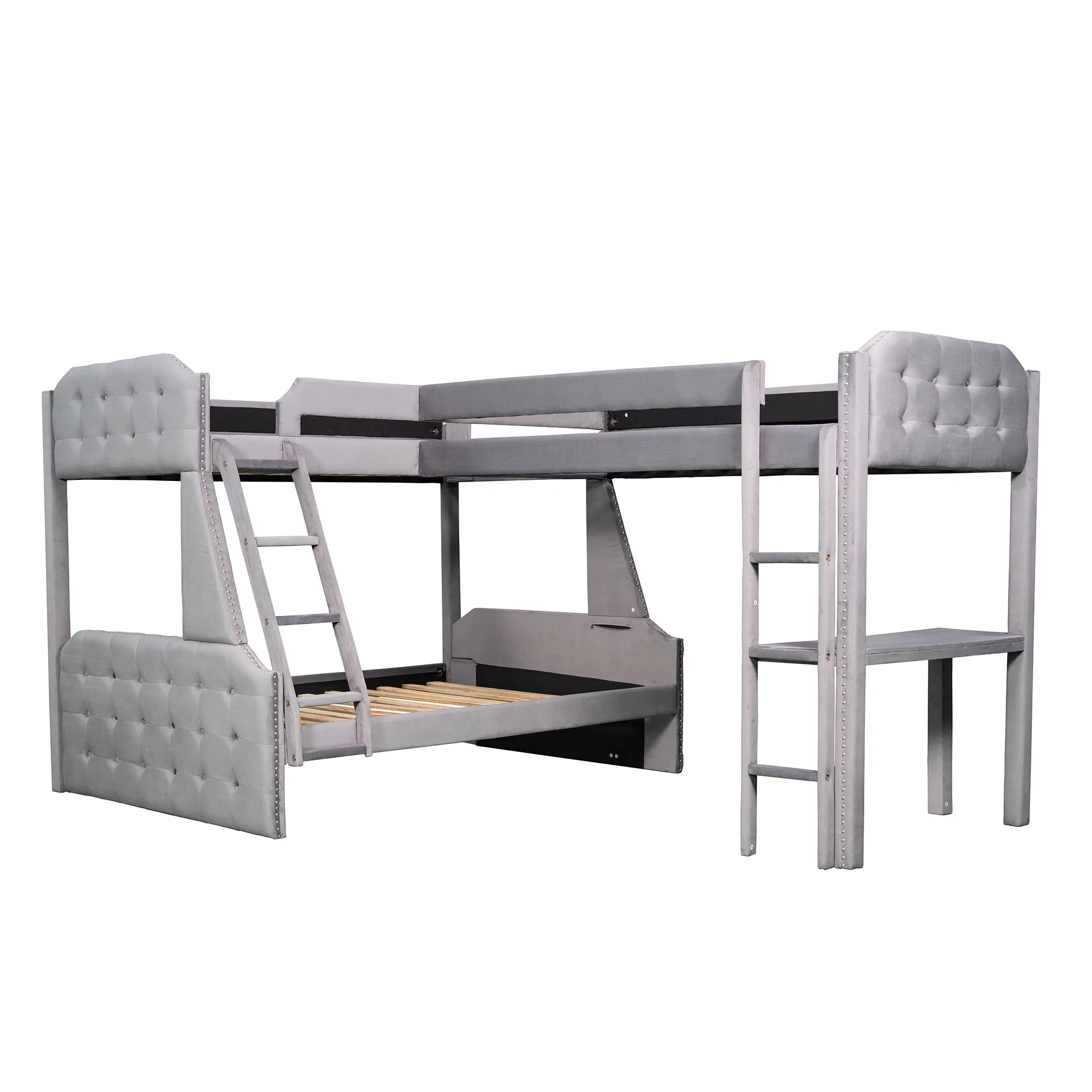 Euroco Upholstery Twin over Full Bunk Bed, Twin Size Loft Bed with Built-in Desk, 3-in-1 Bunk Bed, Solid Upholstered Wood Frame for More Kids, Gray