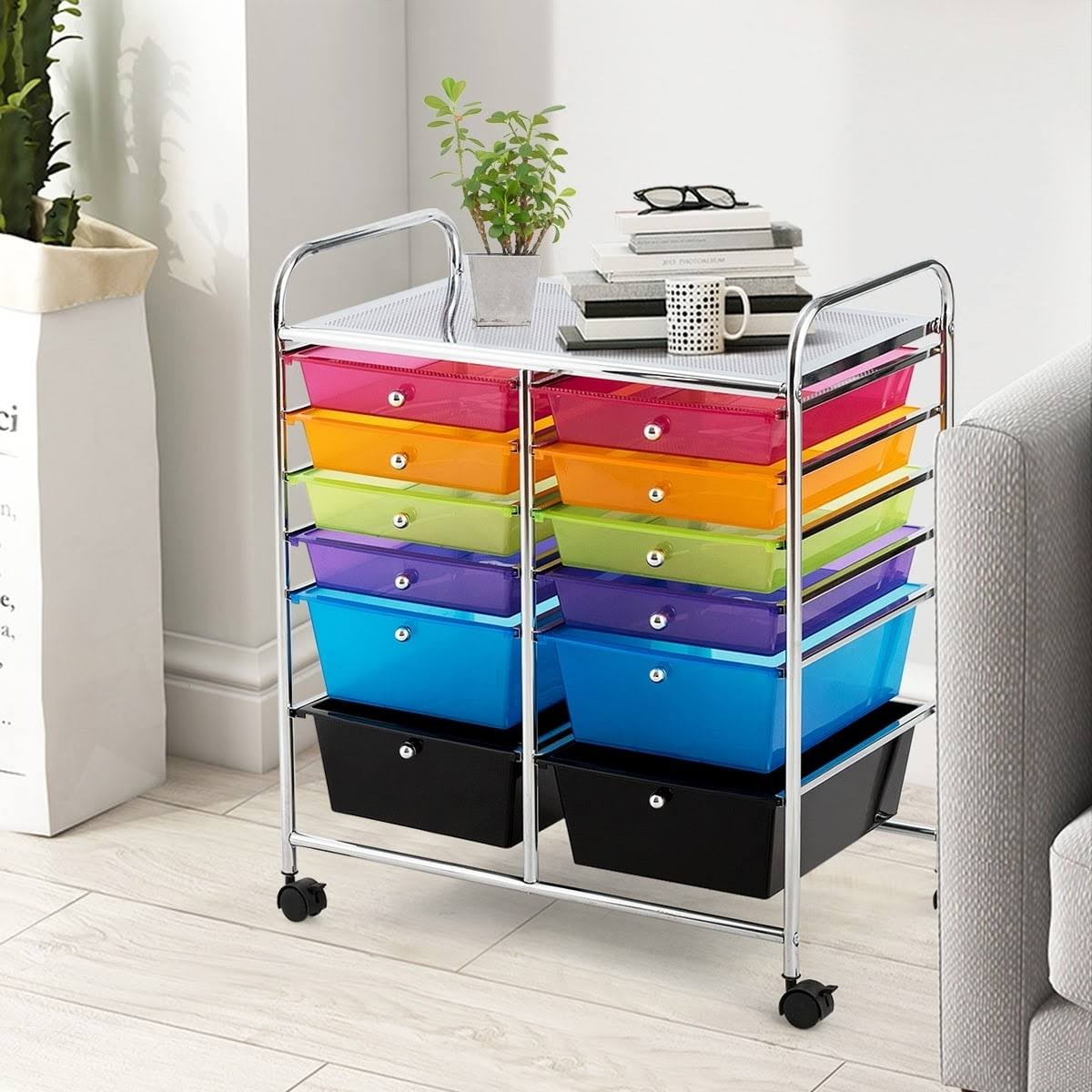12-Drawers Rolling Storage Cart with Organizer Top - Clear