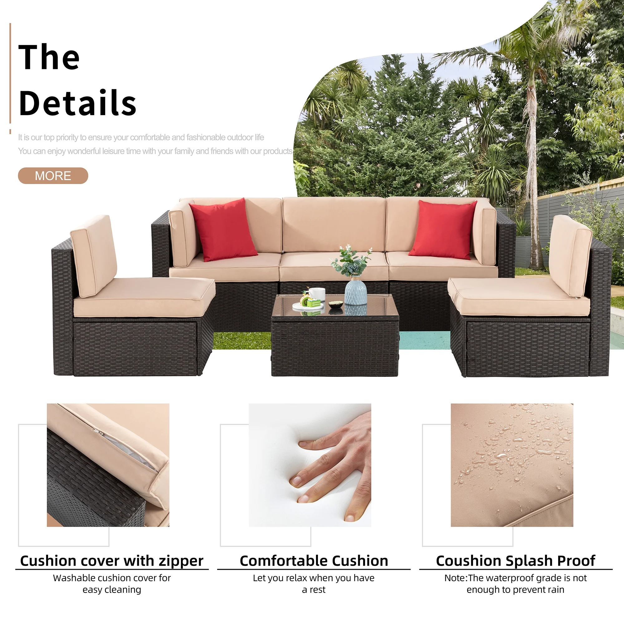 Walsunny 6 Pieces Patio Furniture Sets Outdoor All-Weather Sectional Patio Sofa Set PE Rattan Manual Weaving Wicker Patio Conversation Set Beige