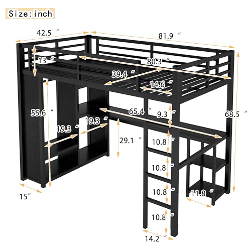 Queen Heavy Duty Metal Loft Bed with L-Shaped Desk, Wardrobe & 5 Storage Shelves – Space-Saving Design for Kids, Teens, Adults – CPC Certified