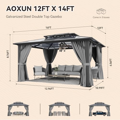Aoxun 12'x16' Hardtop Gazebo, Aluminum Frame Permanent Pavilion with Netting and Curtains, Outdoor Polycarbonate Double Roof Canopy