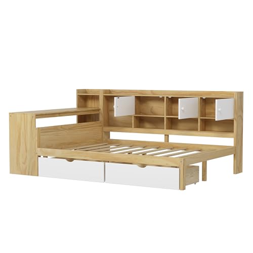 Corner Twin Bed Frame with Bookcase Storage and Desk, Wood Day Beds with 2 Drawers, Twin Size Daybed with Storage for Living Room