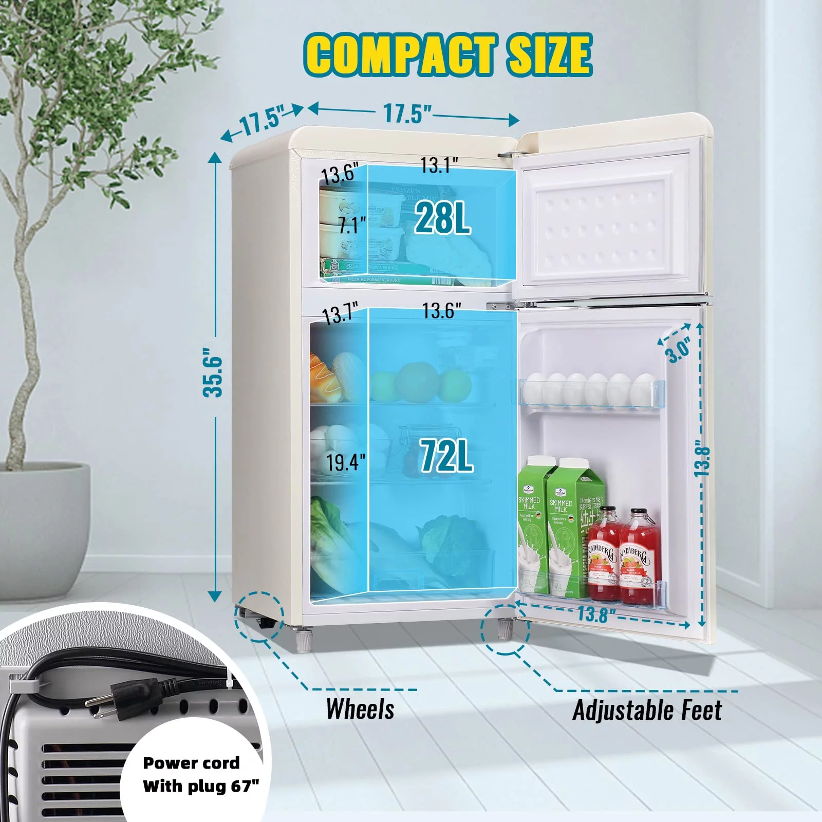 WANAI 3.5 Cu.ft Retro Mini Fridge with Freezer Small Refrigerators Dual Doors & Handles Cream