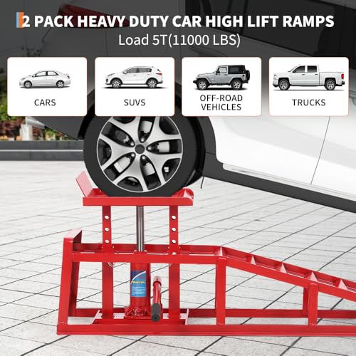 2PCS Hydraulic Car and Truck Service Ramps,11023 Lbs (5 Tons) Capacity, Portable Lifts Ramps for Oil Changes, Adjustable Lift Height 9.8" to 16.21"