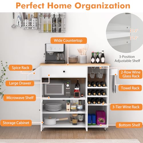 Rolling Kitchen Island with Drop Leaf & Power Outlet, Microwave Cart with Storage Cabinet, Drawer, Wine & Cup Holder, Spice & Towel Rack