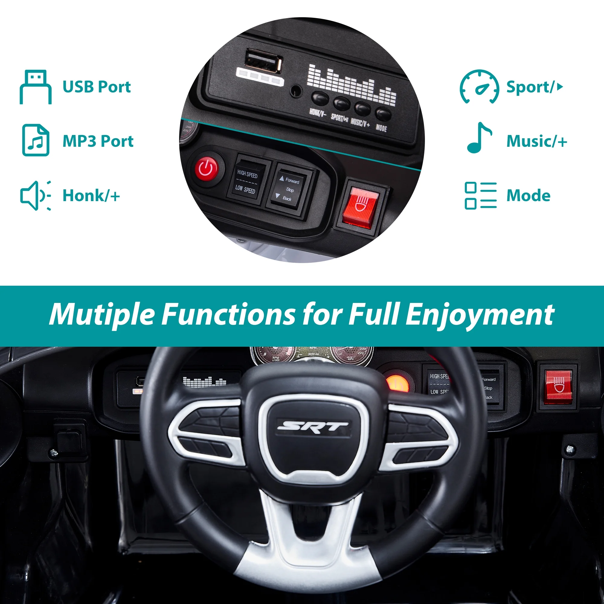 iRerts 12V Black Dodge Charger Ride On Cars with Remote Control, Kids Ride on Toys with Bluetooth, Music, LED Light, USB, MP3, 4 Wheel Suspension