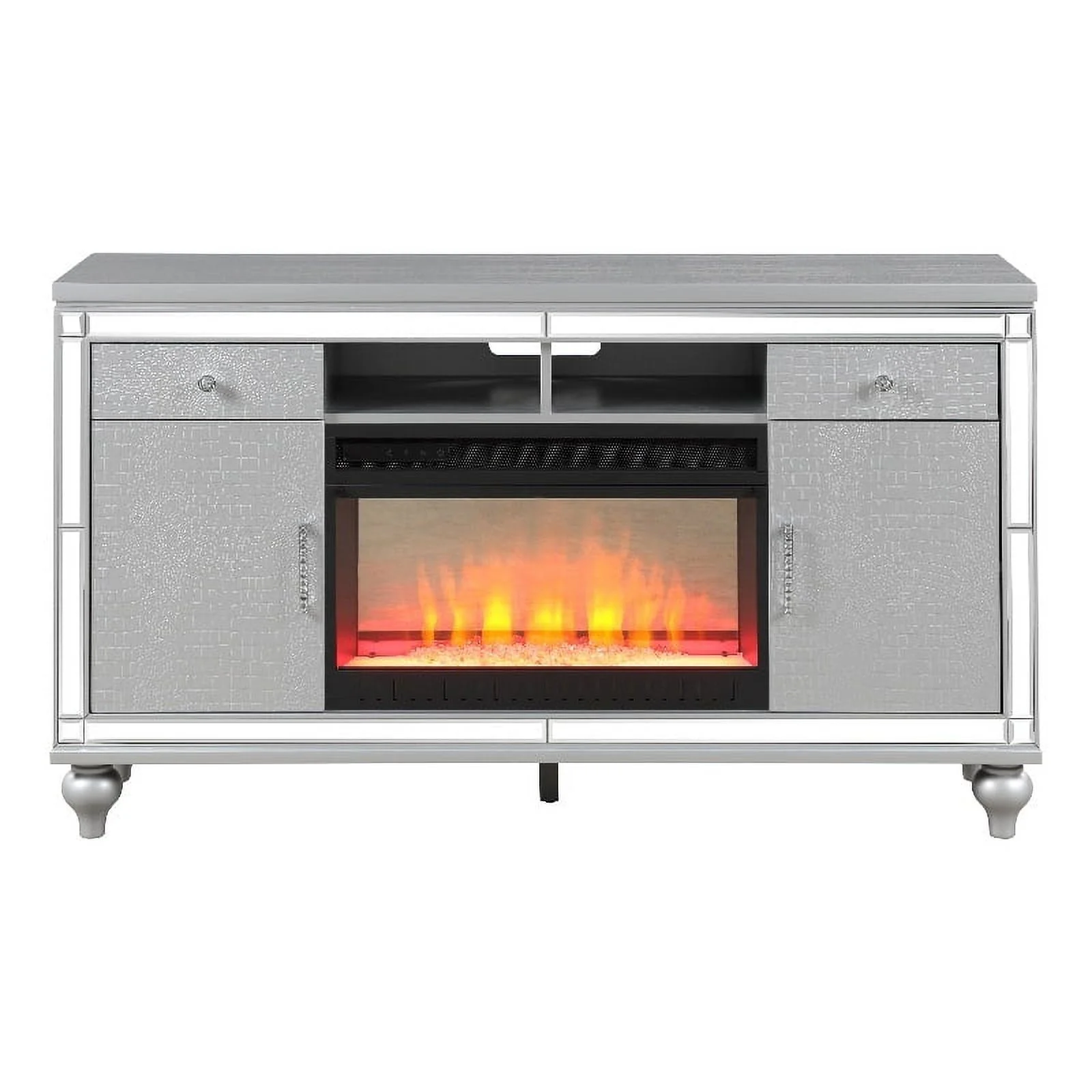 Galaxy Home Furnishings Sterling Solid Wood TV Stand With Electric Fireplace in Silver