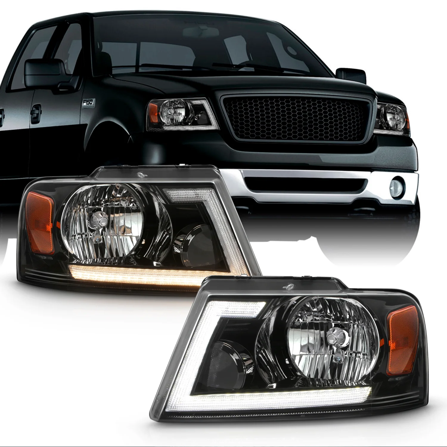 AKKON - Fits 2004-2008 Ford F150 06-08 Lincoln Mark LT Pickup Truck [LED-Tube Running Switchback Turn Signal] Black Headlights
