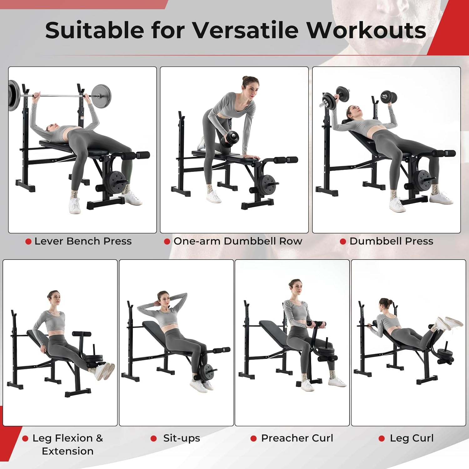 GYMAX Adjustable Weight Bench, Foldable Weight Bench with Squat Racks, Leg Extension & Leg Curl, Strength Training Workout Bench Press