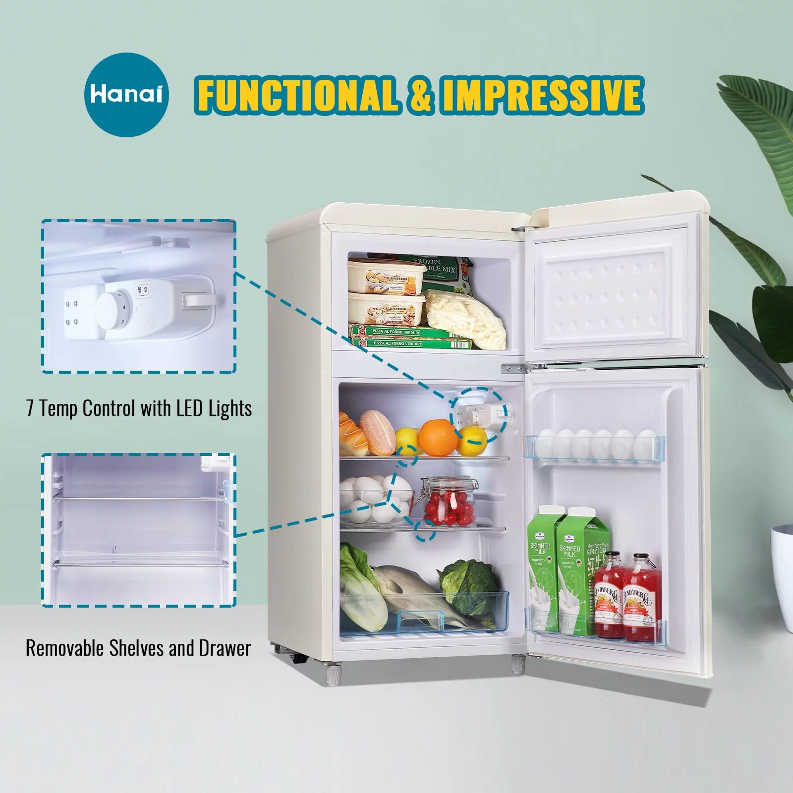 WANAI 3.5 Cu.ft Retro Mini Fridge with Freezer Small Refrigerators Dual Doors & Handles Cream