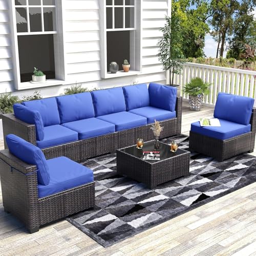 6 Piece Outdoor Patio Furniture Set with Coffee Table, Rattan Deck Conversation Sofa Set