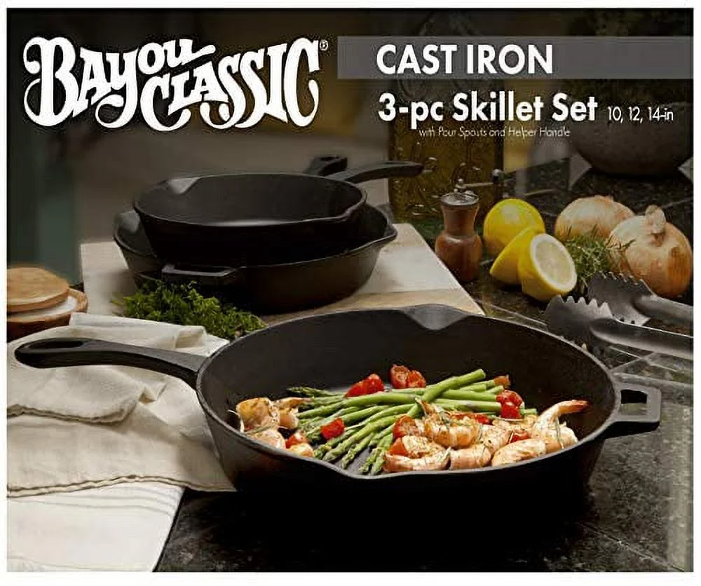 Bayou Classic 7405 3 Piece Cast Iron Skillet Set, 10"/12"/14"