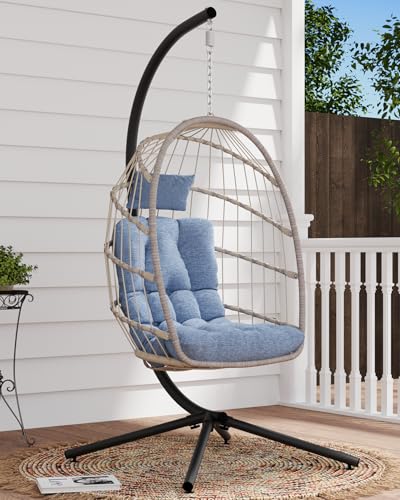 SWITTE Egg Chair Outdoor with Stand, Indoor Wicker Hanging Egg Swing Chair with Cushion, 350lbs Capacity for Patio, Bedroom, Garden - Gray