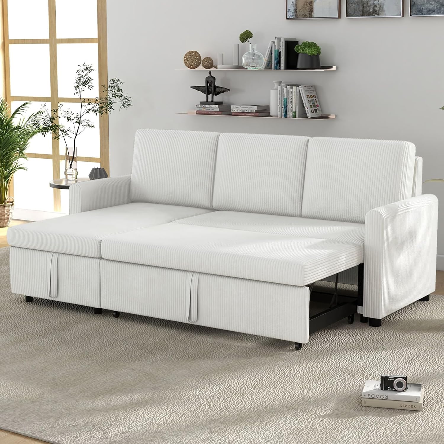 Convertible Sleeper Sofa Bed 3 in 1, Soft Corduroy L-Shaped Couches for Living Room