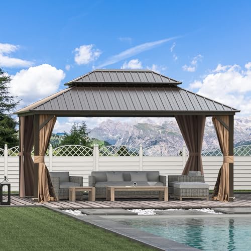 Domi 10’ x 10’ Hardtop Gazebo Metal Frame Canopy with Netting & Curtains