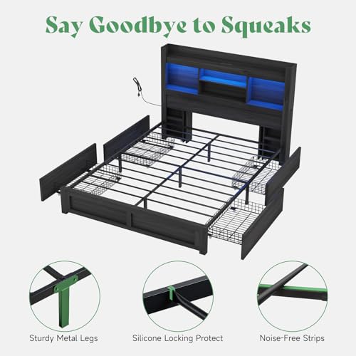 AMERLIFE Queen Bed Frame with 4 Storage Drawers, LED Platform Bed with 49" Bookcase Headboard