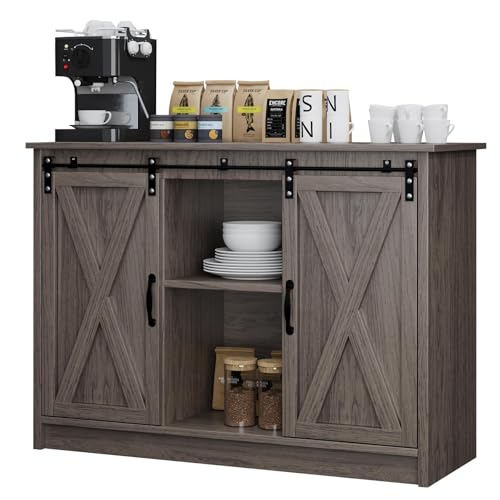 4 EVER WINNER Coffee Bar Cabinet with Sliding Barn Doors, 42” Sideboard Buffet Cabinet with Storage