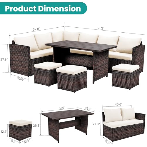 Patio Furniture Set, 7 Pieces Outdoor Patio Furniture with Dining Table&Chair, All Weather Wicker Conversation Set with Ottoman