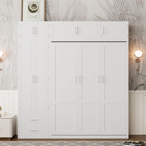 LZ LEISURE ZONE Full Size Murphy Bed, Wood Space Saving Foldable Wall Bed with Desk, Top Cabinet and Storage Shelves, White