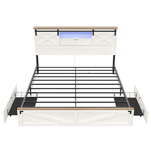 Hasuit Farmhouse Bed Frame California King Size with Storage Bookcase Headboard, Wooden Cal King Bed with LED Lights, Charging Station, 2 Drawers