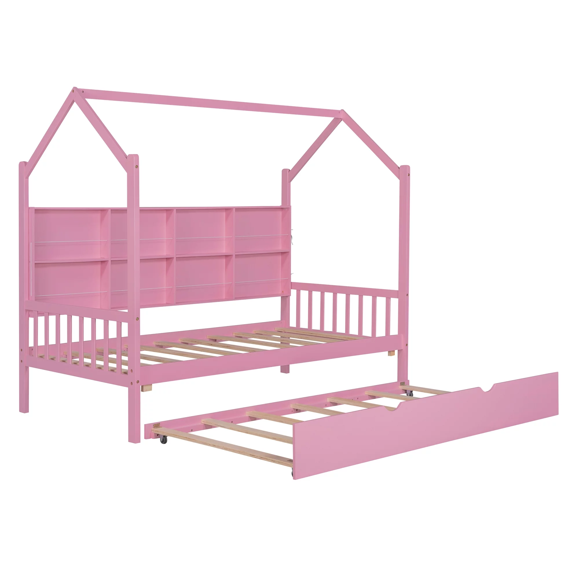 Swivelife Wooden Twin Size House Bed with Trundle,  Kids Bed with Shelf for Kids Room, Pink