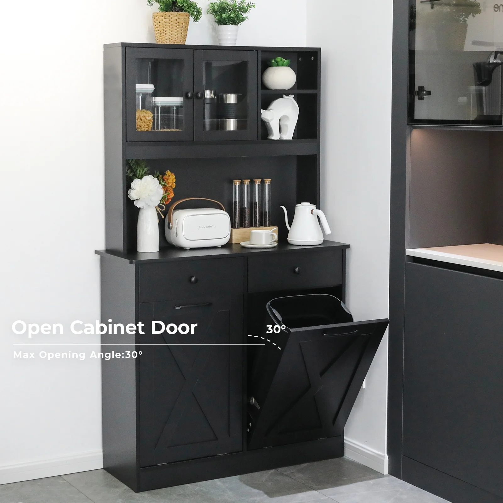 Arlopu Kitchen Pantry Storage Cabinet, Wooden Double Tilt Out Trash Cabinet Freestanding Garbage Bin Holder Recycling Cabinet with Drawers, Shelves