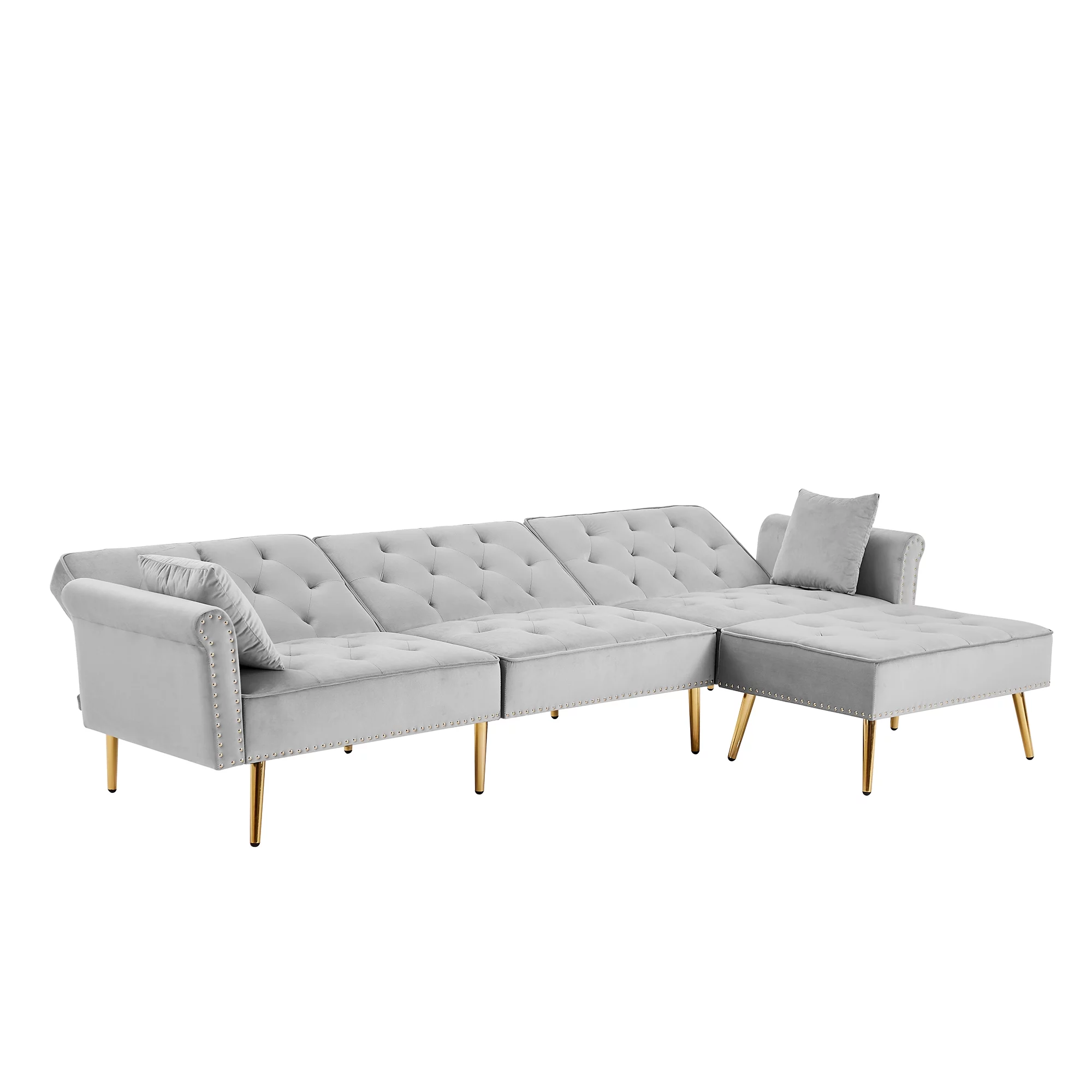 Dcenta Modern Upholstered Reversible Sectional Sofa Bed , L-Shaped Couch with Movable Ottoman and Nailhead Trim For Living Room. (Light Grey)