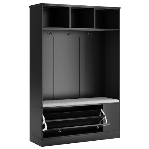 Wide Design Hall Tree with Storage and Bench, 4-IN-1 Multi-functional Entryway Bench with Coat Rack and Shoe Cubbies, Practical Furniture for Hallway