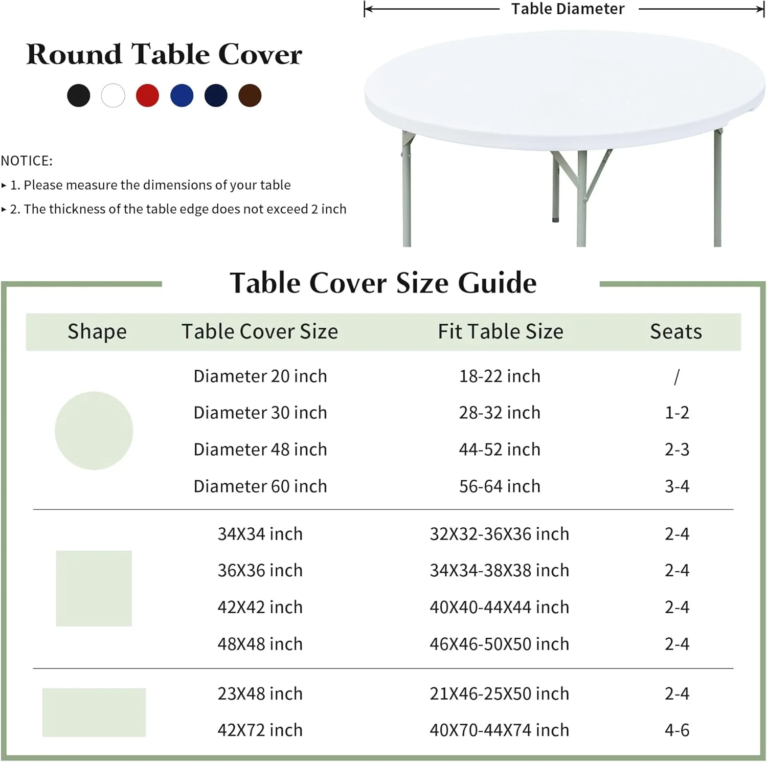 2 Pack Round Fitted Tablecloth 48 Inch Stretch Spandex Table Cover White Washable Table Cloth Elastic Table Topper for Indoor and Outdoor