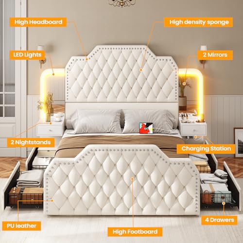 Itaar Queen Bed Frame with 53" Tall Headboard and 4 Storage Drawers, PU Leather Upholstered Platform Bed Frame, Built in Charging Station & Led